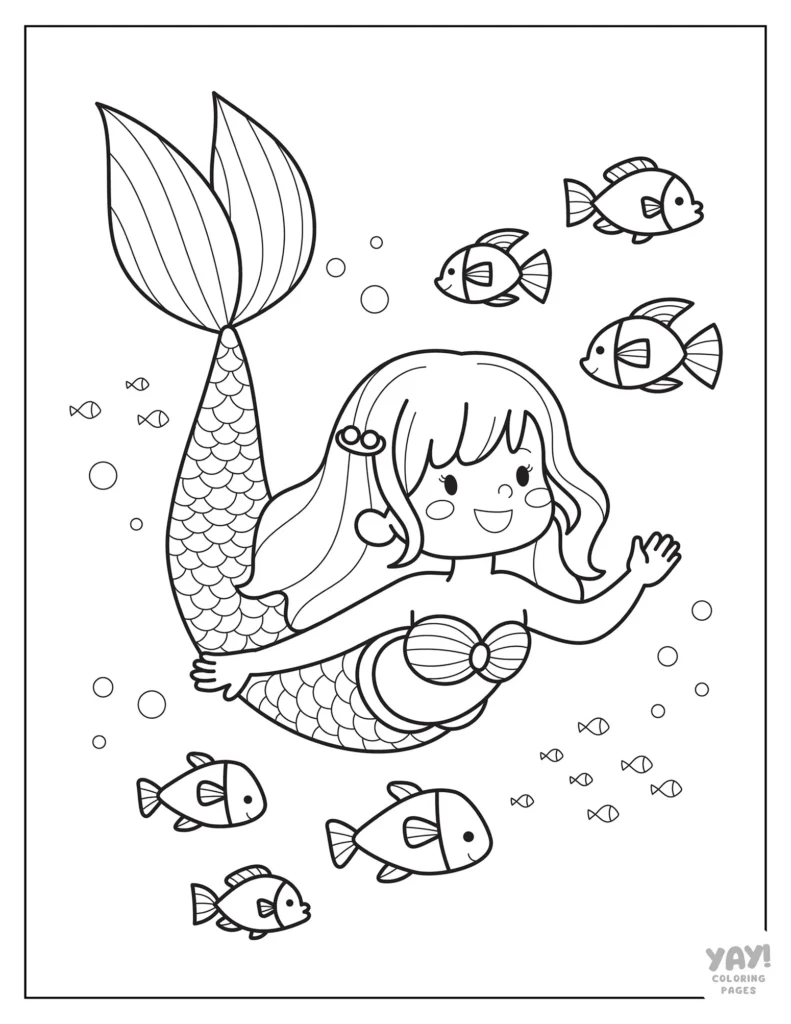 Happy mermaid swimming with fish coloring page