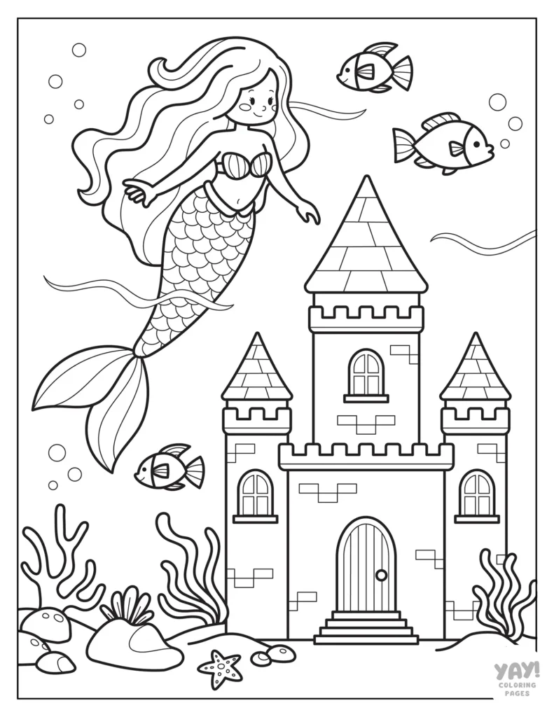 Mermaid coloring page with underwater castle