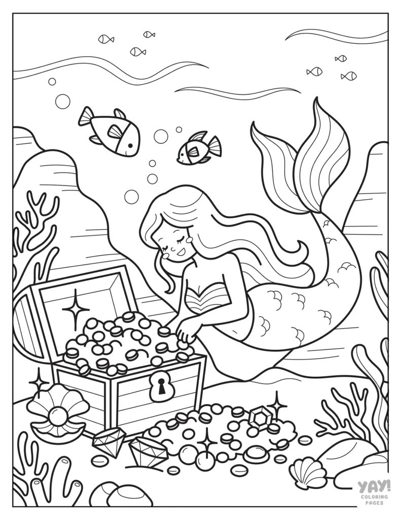 Mermaid coloring page with sunken treasure