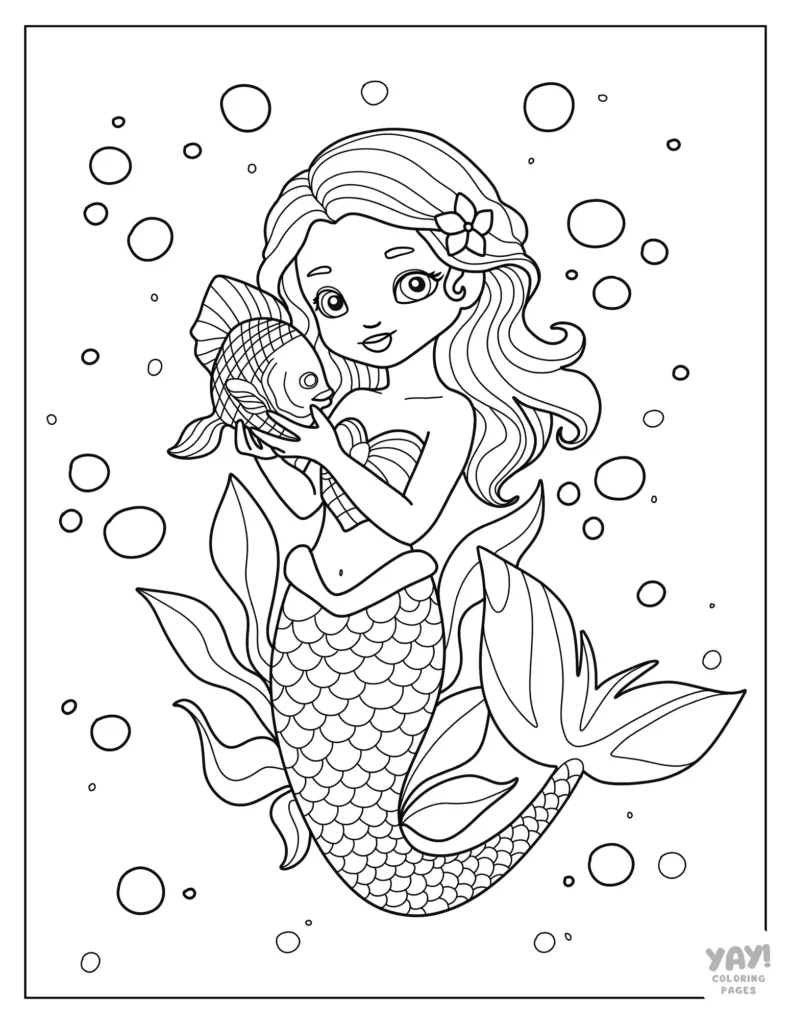 Cute mermaid holding fish coloring sheet