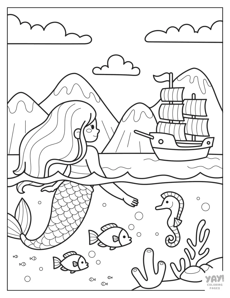 Mermaid coloring page with pirate ship