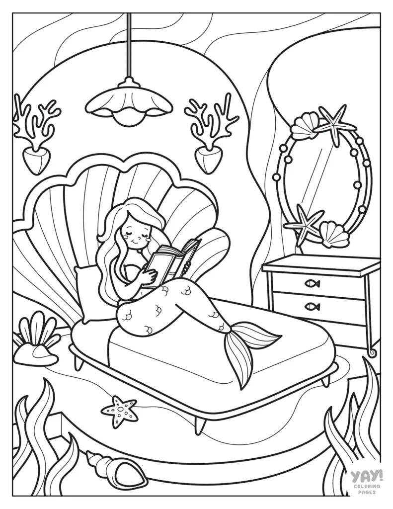 Cute mermaid in seashell bed coloring page for girls