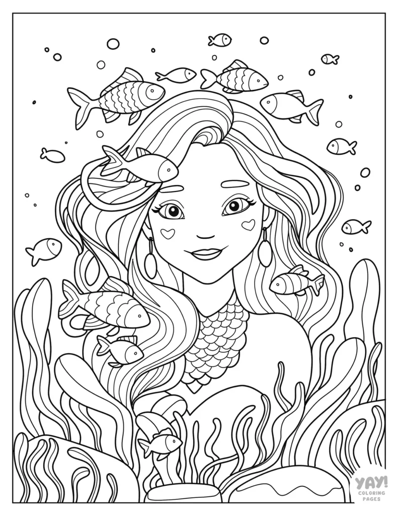 Pretty mermaid portrait coloring page for adults