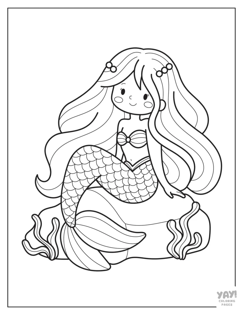 Mermaid sitting on rock activity sheet to color