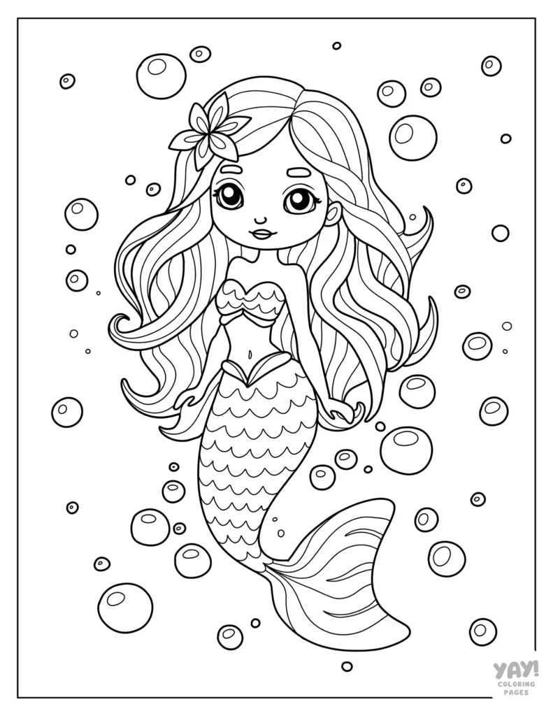 Mermaid coloring page with bubbles