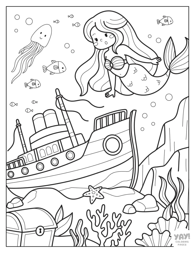 Mermaid discovers sunken ship coloring page