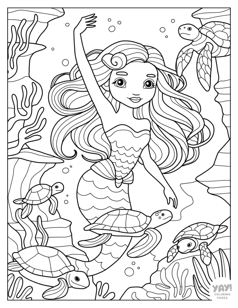 Mermaid coloring sheet with sea turtles