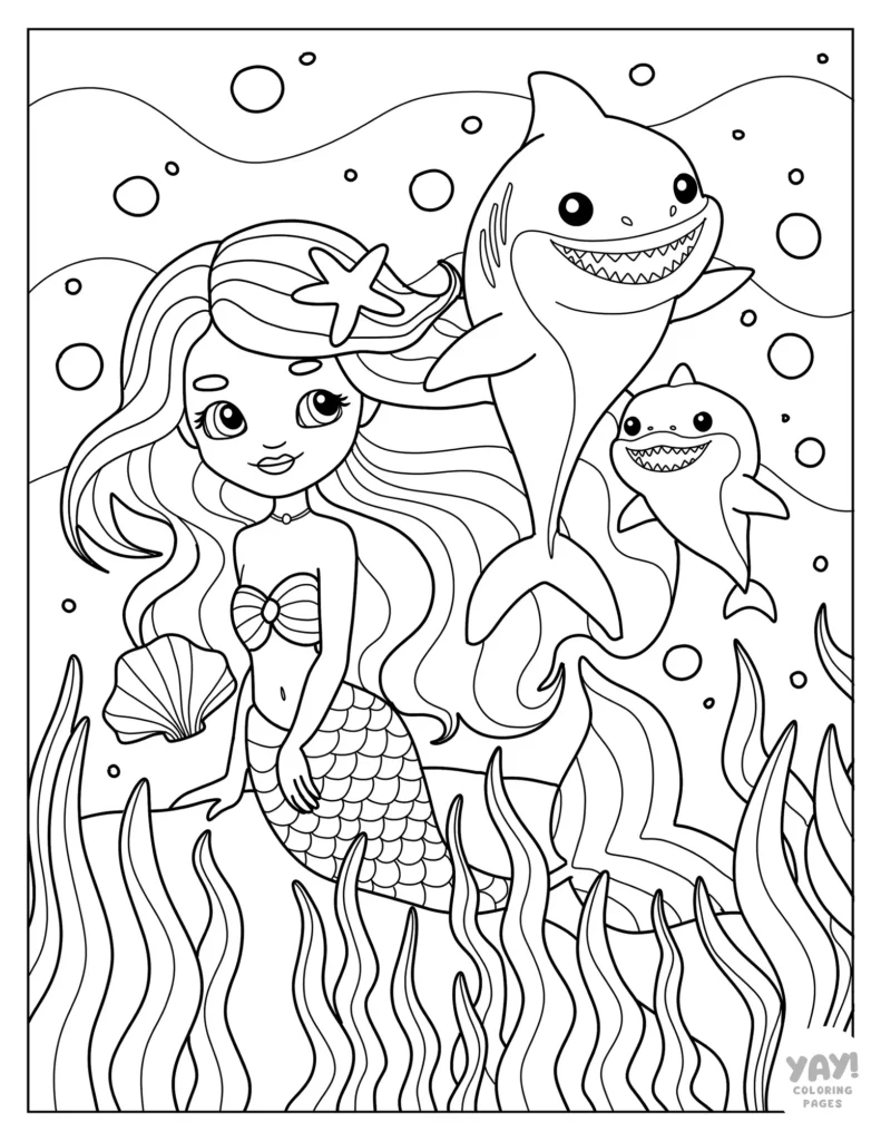 Mermaid and sharks underwater coloring page