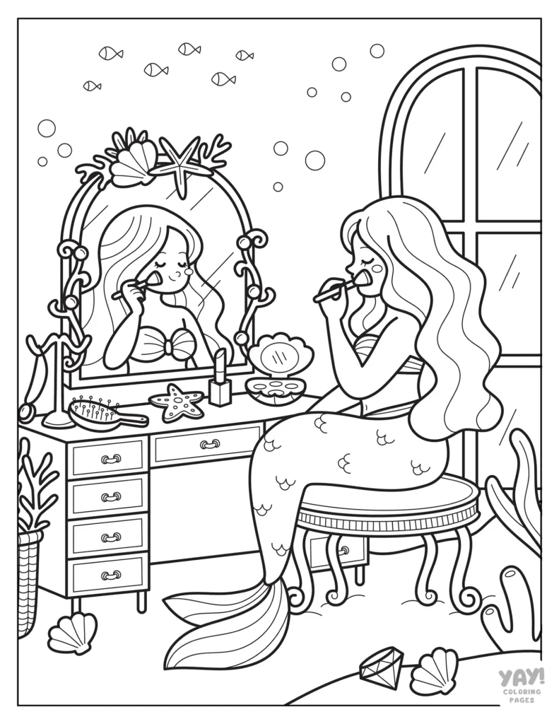 Mermaid putting on makeup coloring page for girls