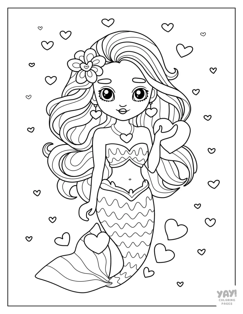 Mermaid coloring page with hearts