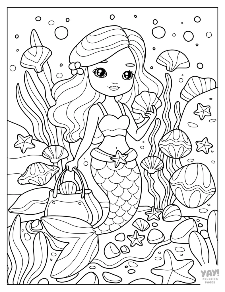 Mermaid collecting seashells coloring sheet