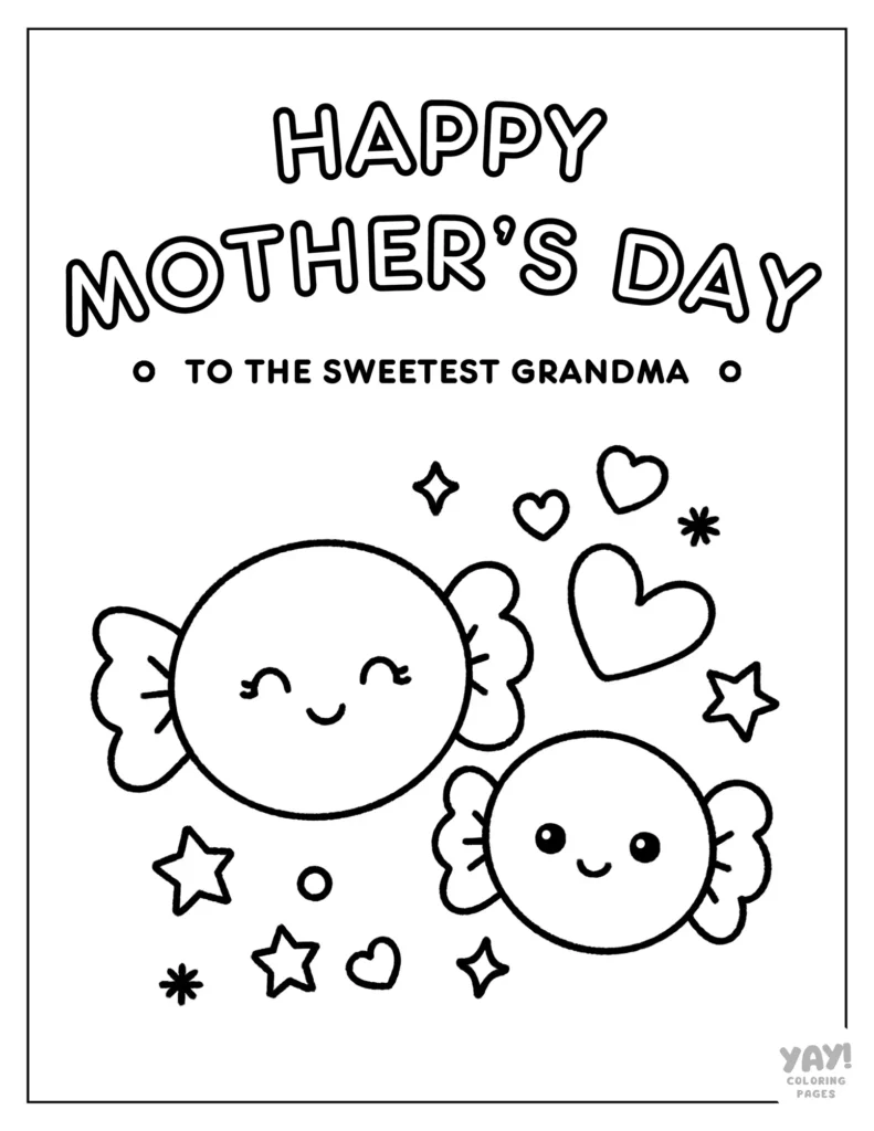 Happy Mother's Day Grandma coloring page with kawaii candy
