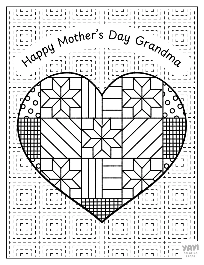 Quilt pattern in a heart Happy Mother's Day Grandma coloring page