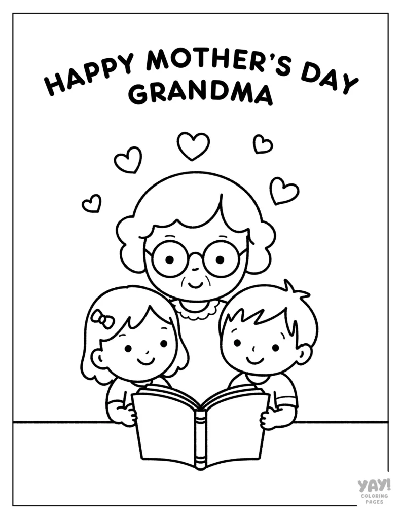 Grandma reading books to grandkids coloring page