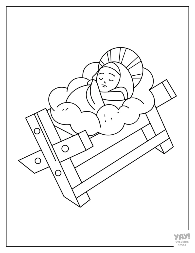 Nativity coloring page of Jesus in the manger with halo above his head
