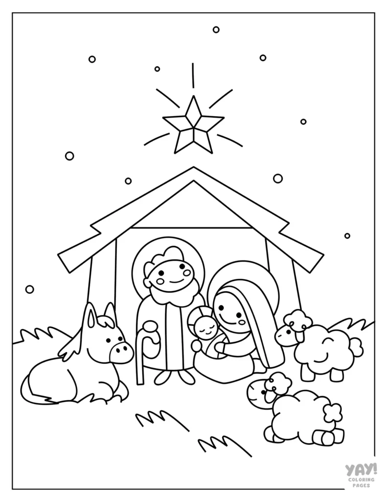 Coloring page for young kids of nativity scene with stable and animals