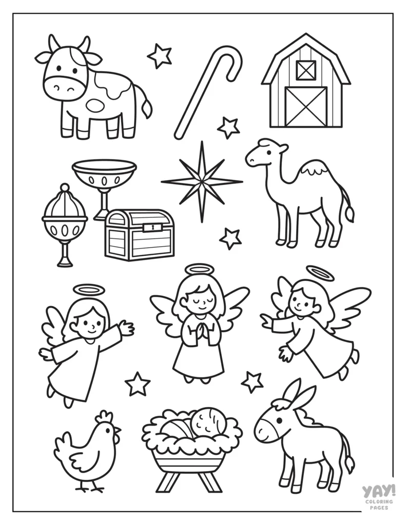 Nativity doodles to color including angels, a camel, gifts from the wise men, and baby Jesus in the manger
