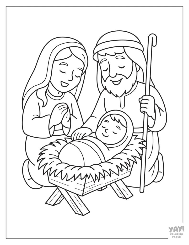 Nativity coloring page of Mary and Joseph look at Jesus sweetly in the manger