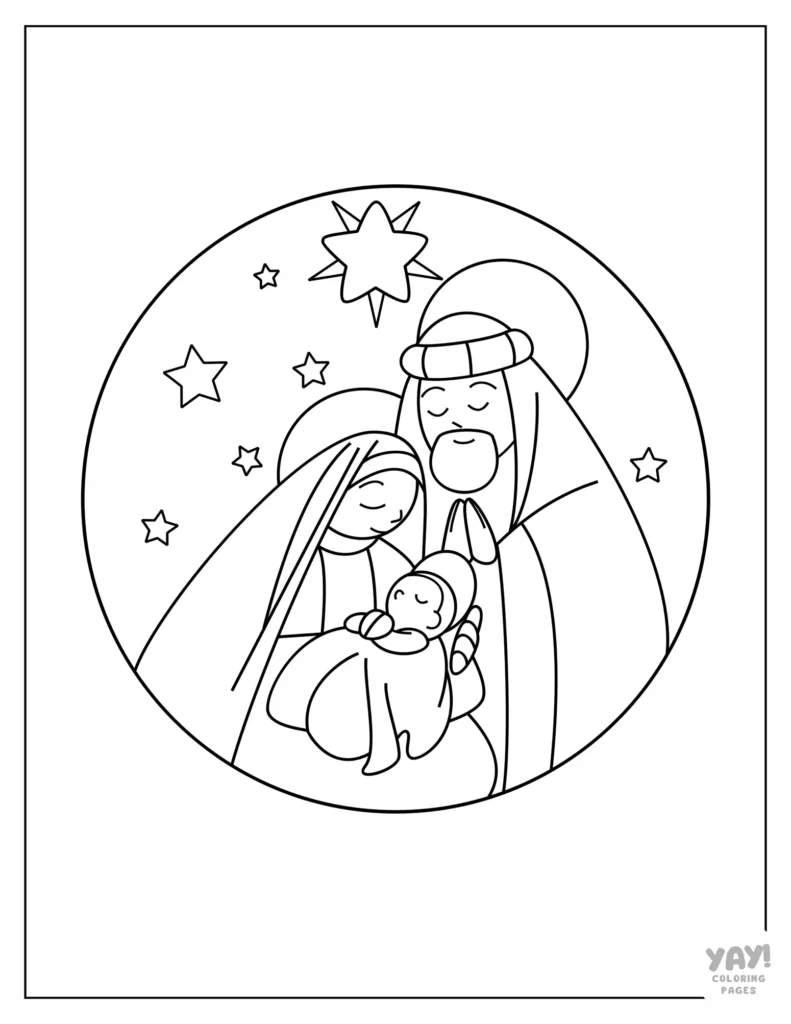 Framed portrait of Mary and Joseph looking at baby Jesus coloring page