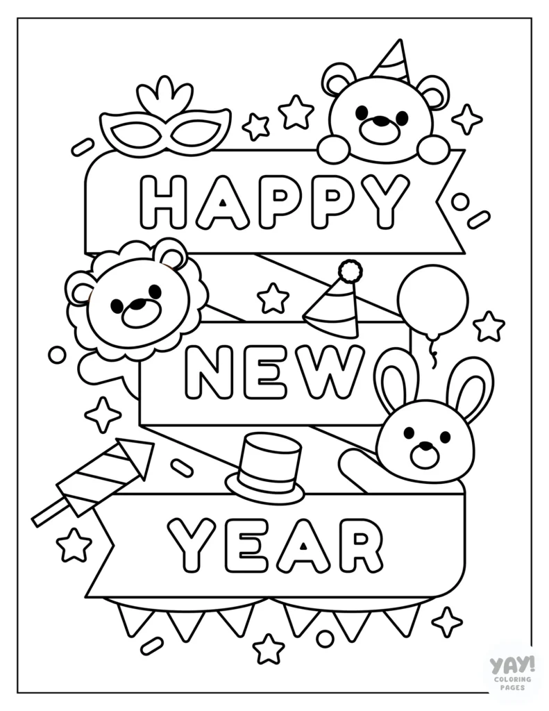 Happy New Year banner with cute animals and balloons on the side coloring page