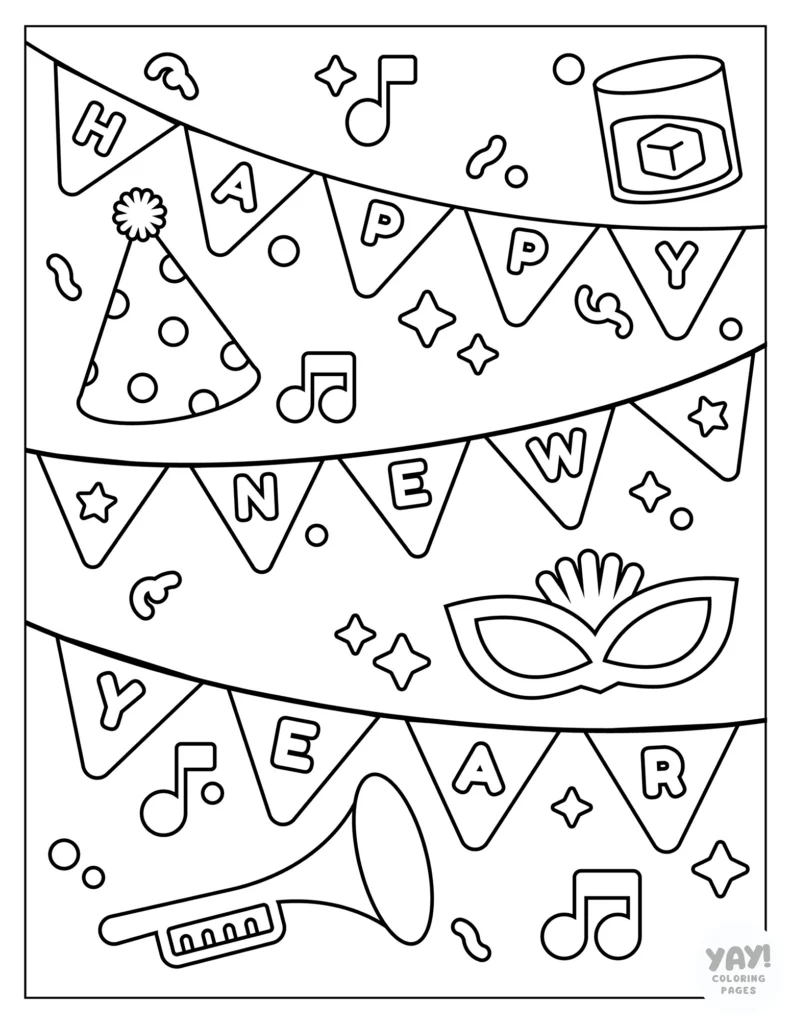 Pennant banner saying Happy New Year with confetti coloring pages