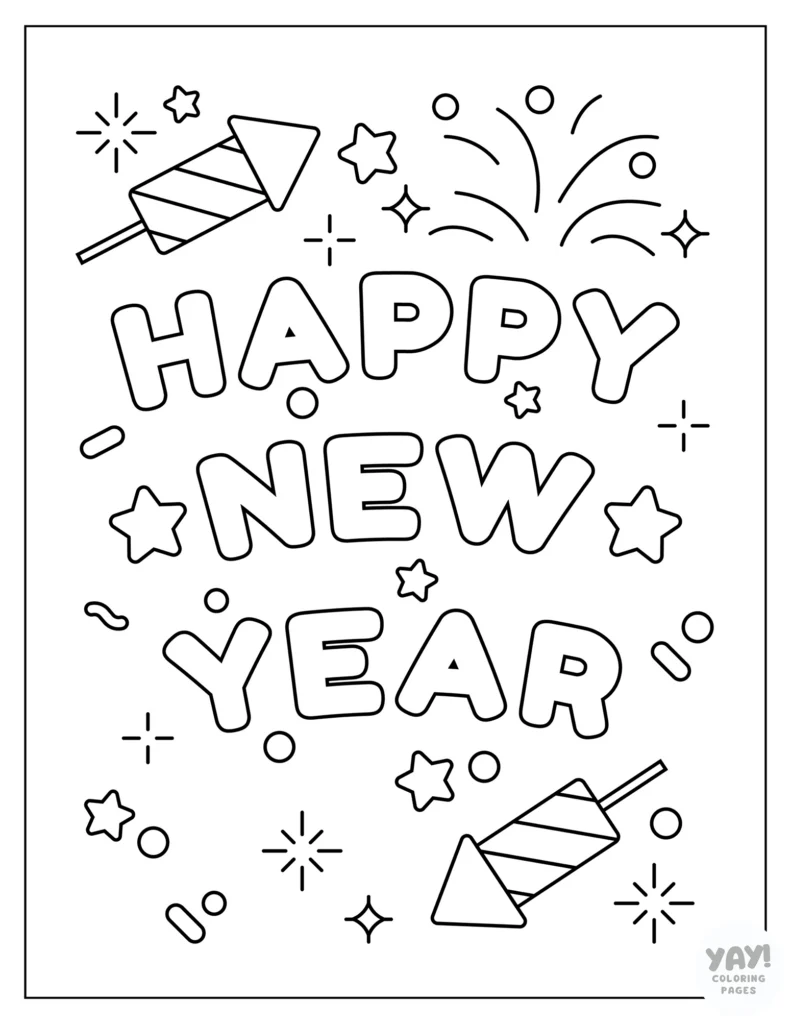 New Year coloring page with bottle rockets and fireworks