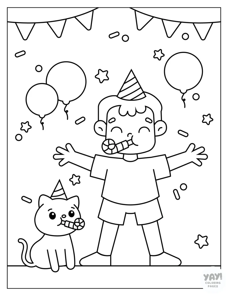 Boy and cat celebrating New Year's Eve coloring page