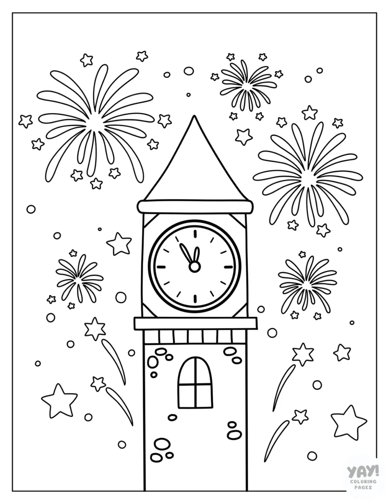 Clock approaching midnight and fireworks coloring page