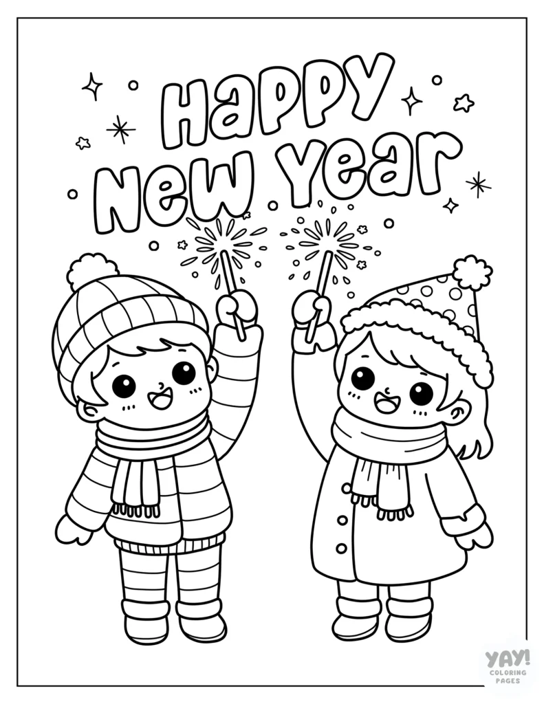 Kids holding sparklers on New Year's coloring page