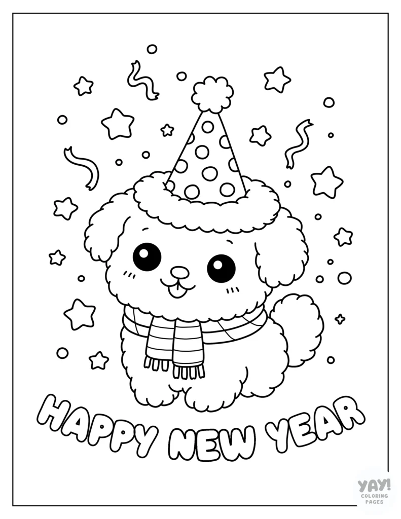 Fluffy dog in part hat with confetti in the air coloring page