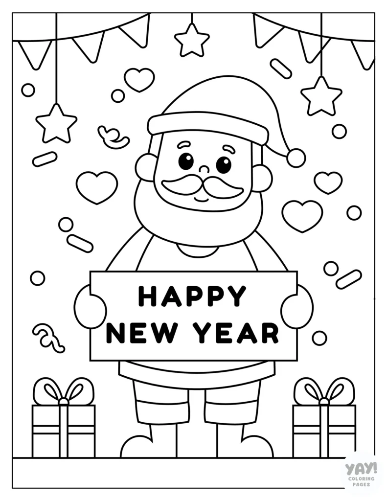 Santa holding a Happy New Year sign coloring page