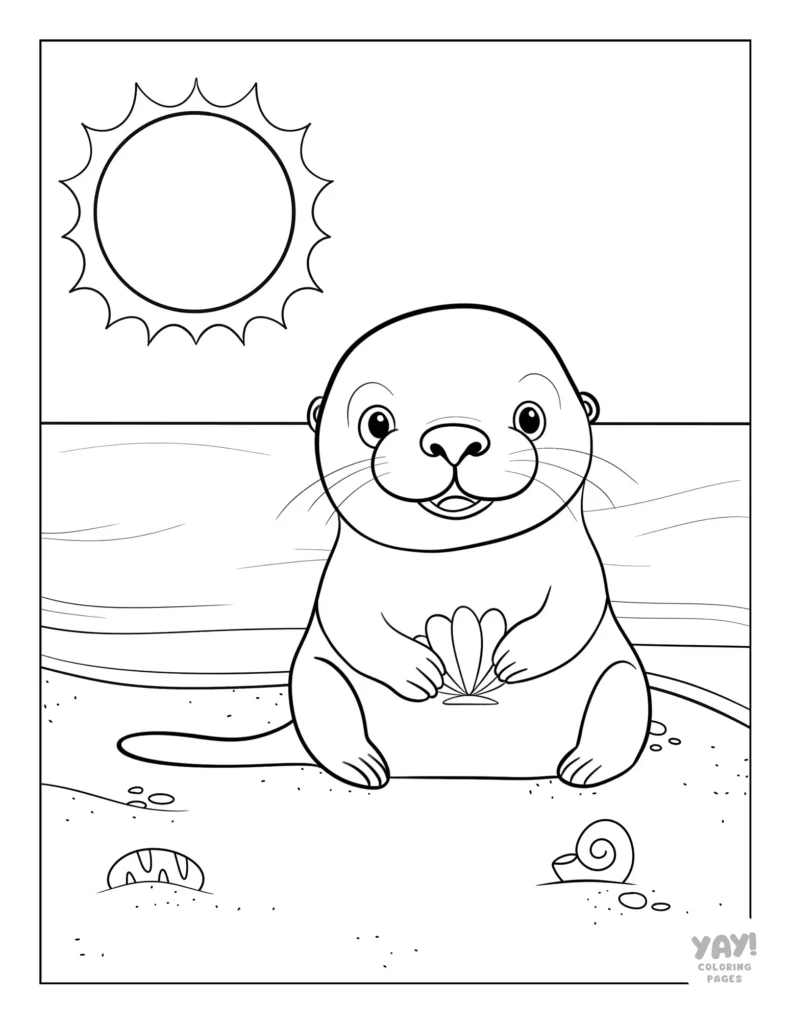 Baby otter holding seashell coloring page