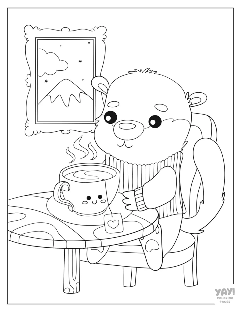 Cartoon otter drinking tea coloring sheet