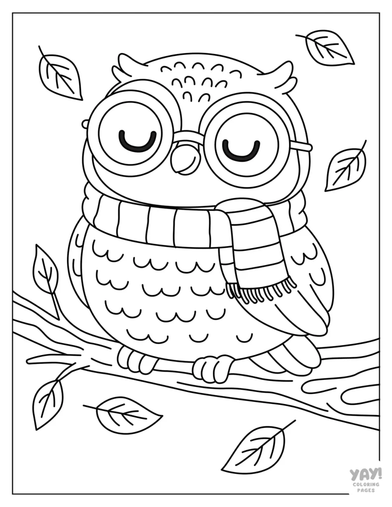 Coloring page of owl wearing scarf and glasses while he sits in a tree surrounded by falling leaves