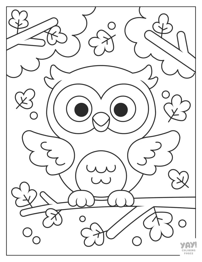 Cute owl sits in leafy tree coloring page for kids