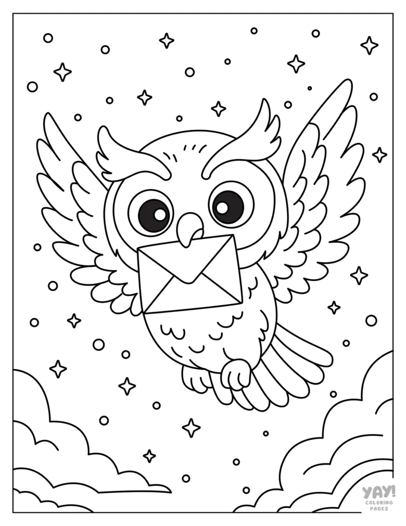 Wise owl delivers letter from its beak coloring page