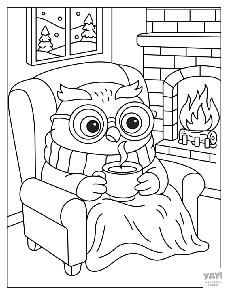 Owl enjoys tea next to warm fireplace coloring page