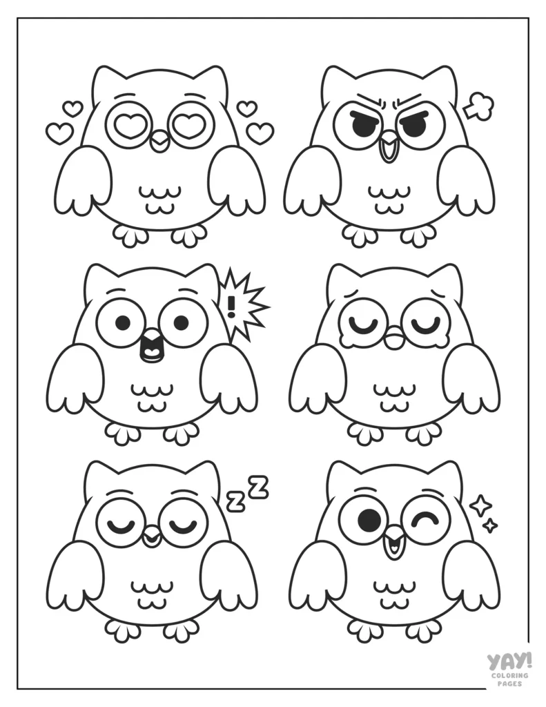 Coloring page of six kawaii owls expressing different emotions ranging from shock to love