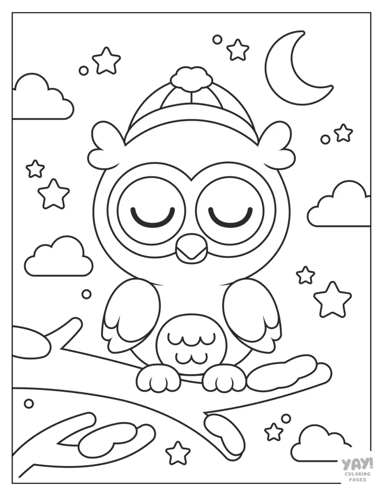 Winter owl sleeping in tree coloring page