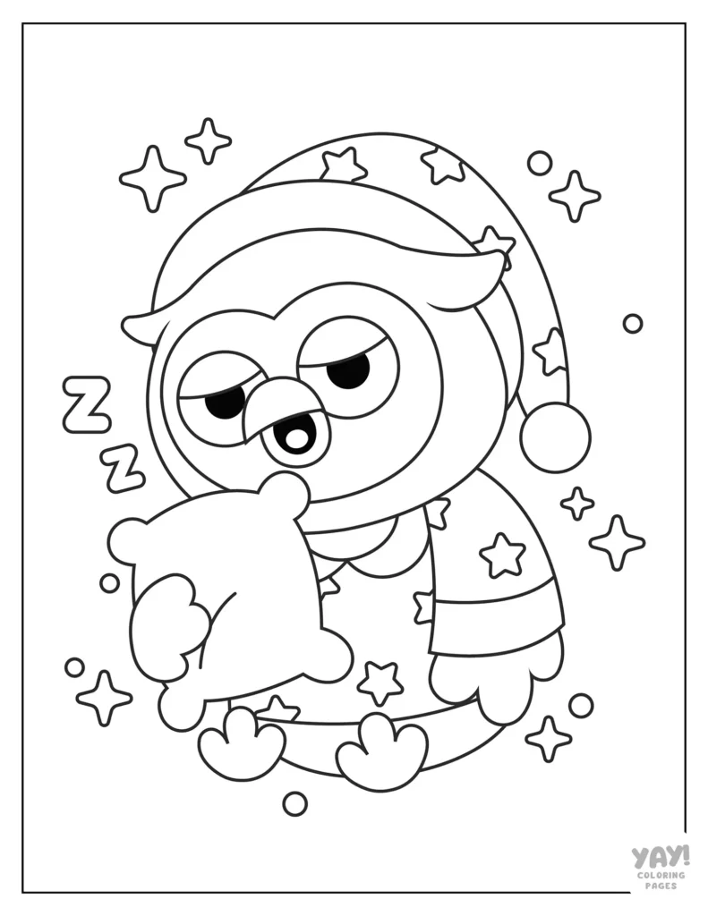 Coloring sheet for kids of a sleepy owl hugging a pillow to their chest