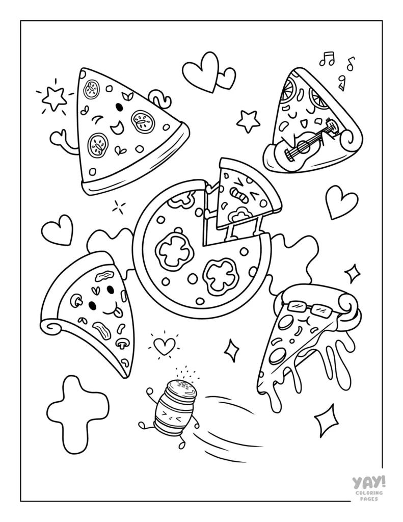 Kawaii pizza slices coloring sheet