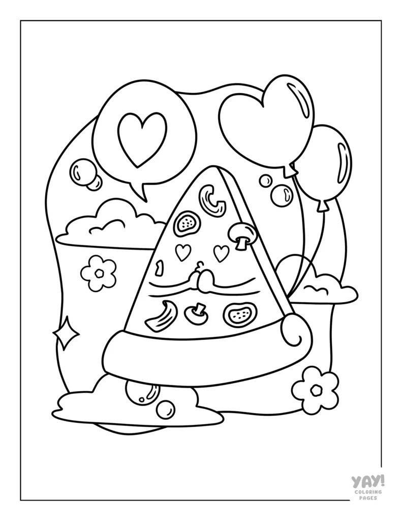 Heart eyes kawaii pizza slice with lots of toppings coloring page