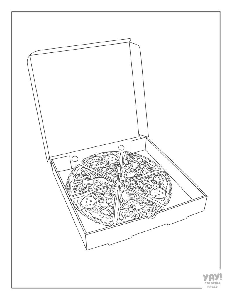 Pizza in box coloring sheet for adults
