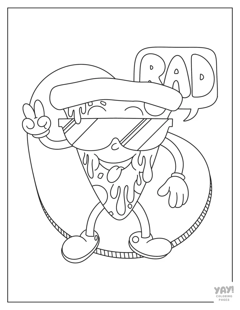Retro 80s rad pizza giving peace sign coloring page