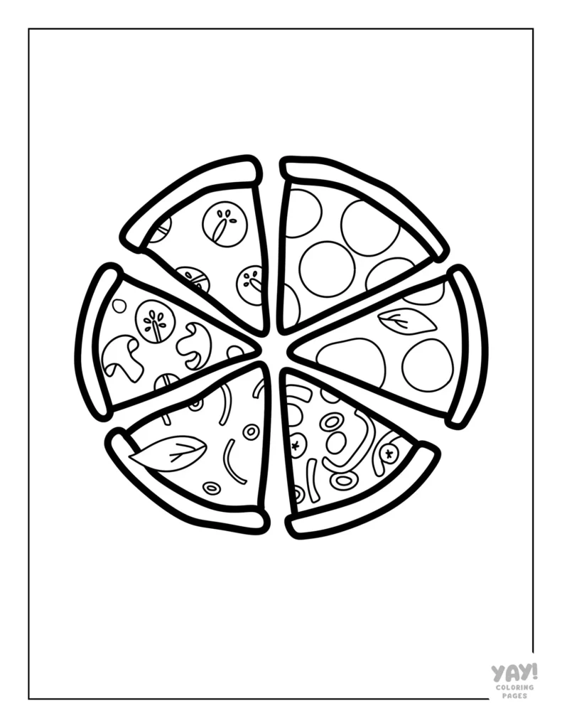 Coloring sheet of whole pizza sliced into individual slices with different toppings