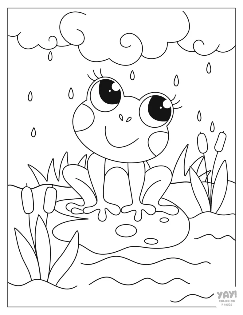Coloring page of frog in pond on a rainy day