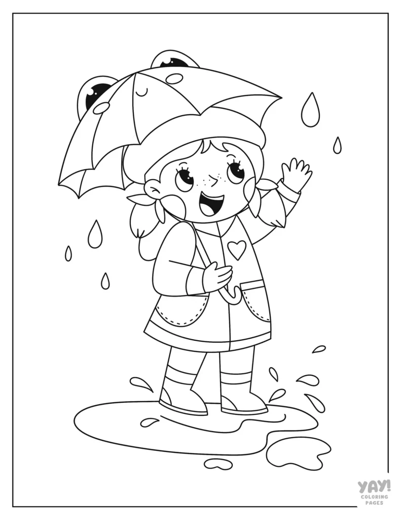 Rainy day coloring page with girl splashing in puddle