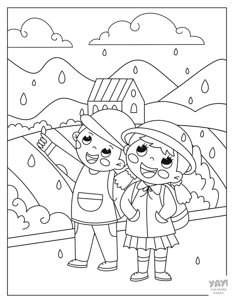 Rainy day coloring page of kids outside