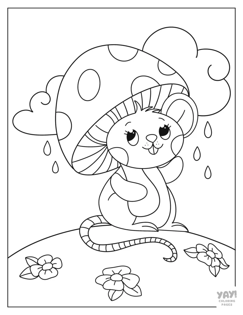 Rainy day coloring page of mouse using a mushroom as an umbrella
