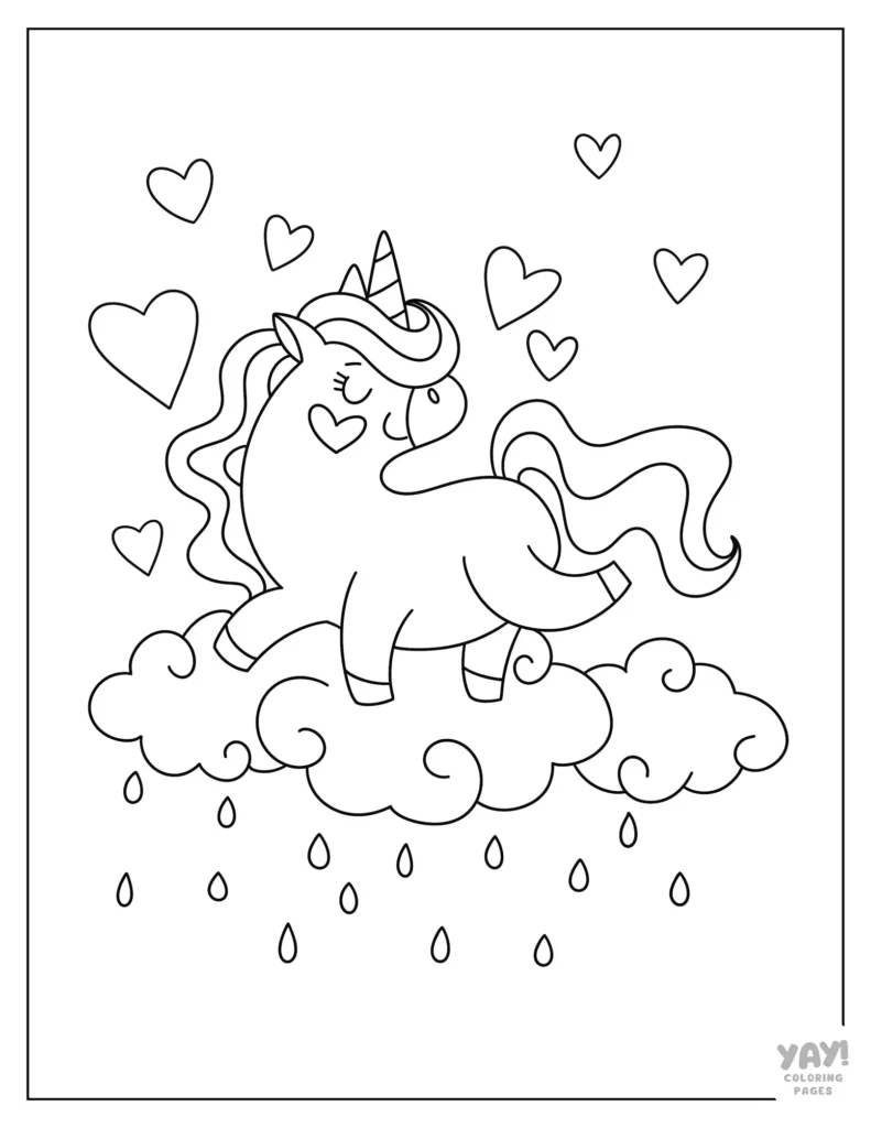 Unicorn on rain cloud coloring page